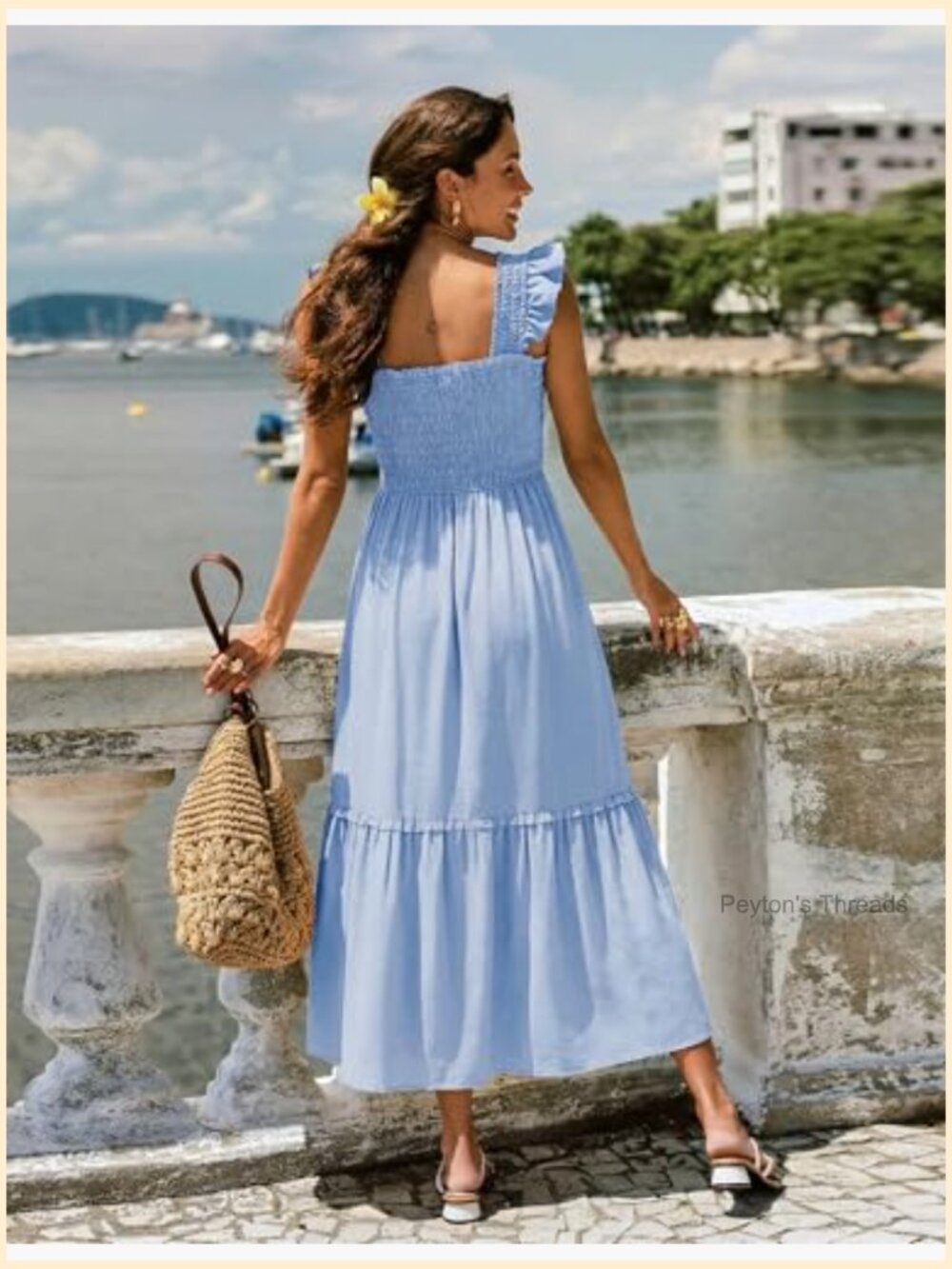 Midi Dress Square Neck Button Down Smocked Ruffle Strap Flowy Beach Sundress - Picture 3 of 7